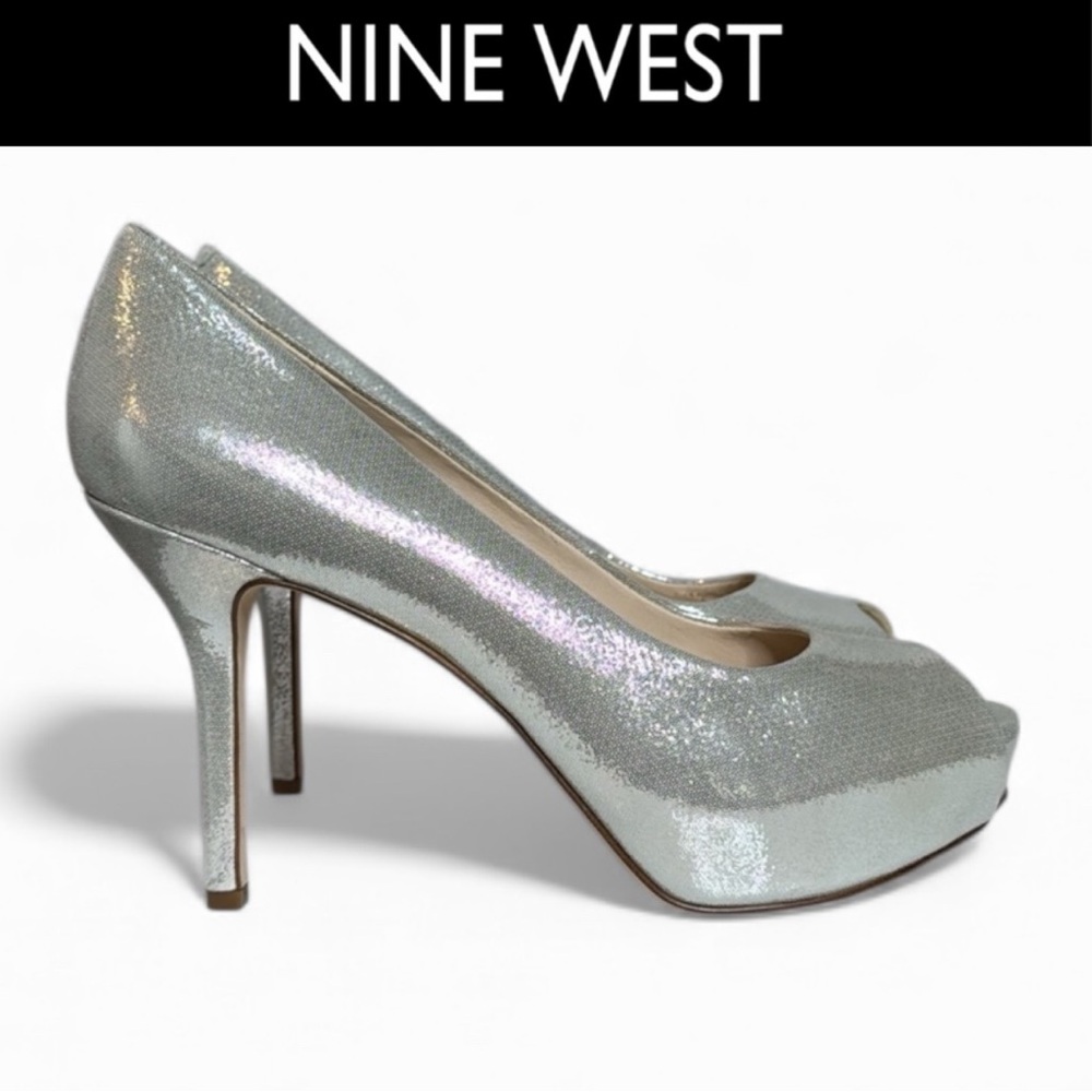 NINE WEST QTPIE METALLIC LEATHER PEEP TOE PLATFORM HEELS
